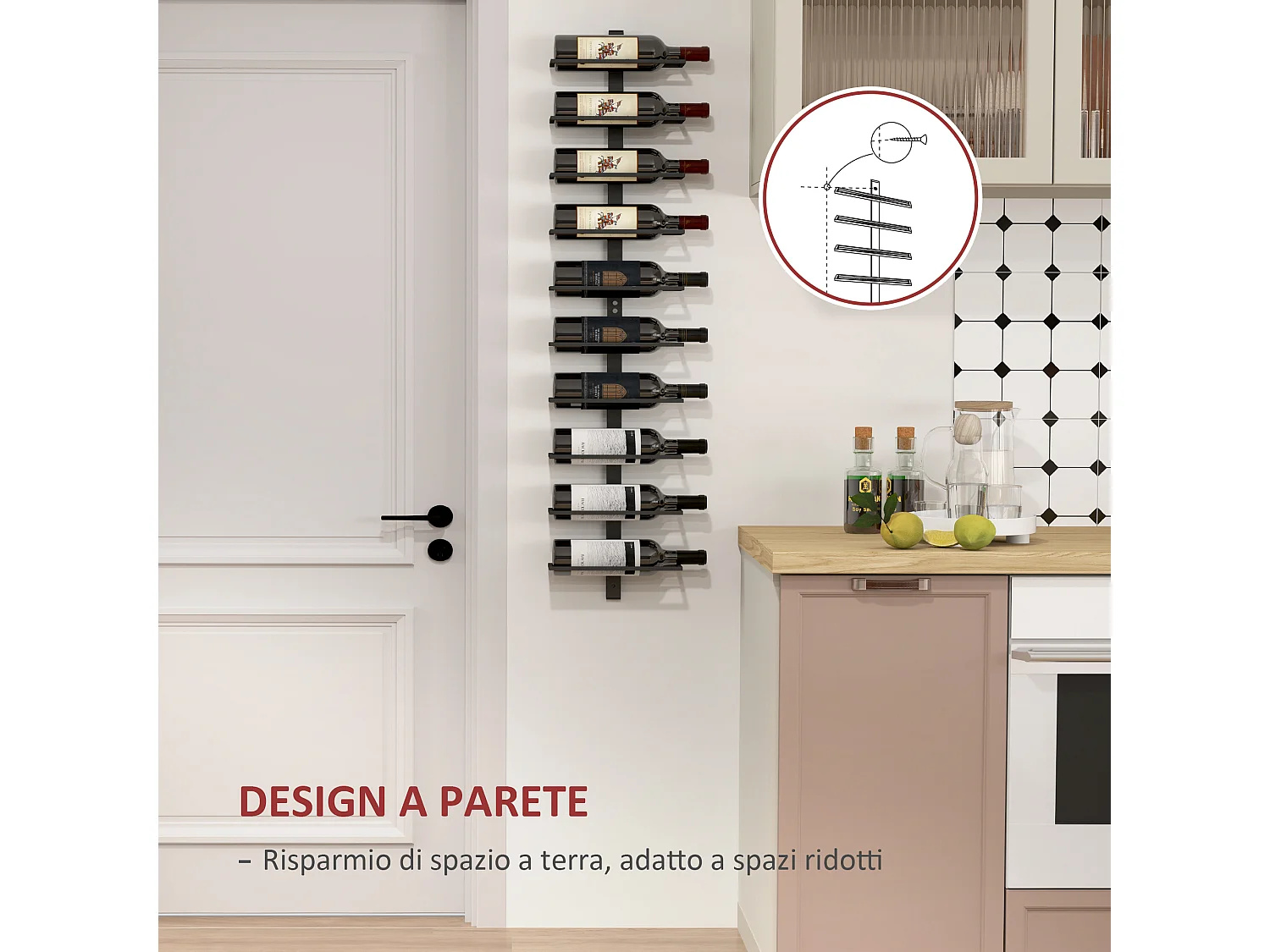 Portabottiglie da parete a 10 ripiani in acciaio 27x10x116 cm nero