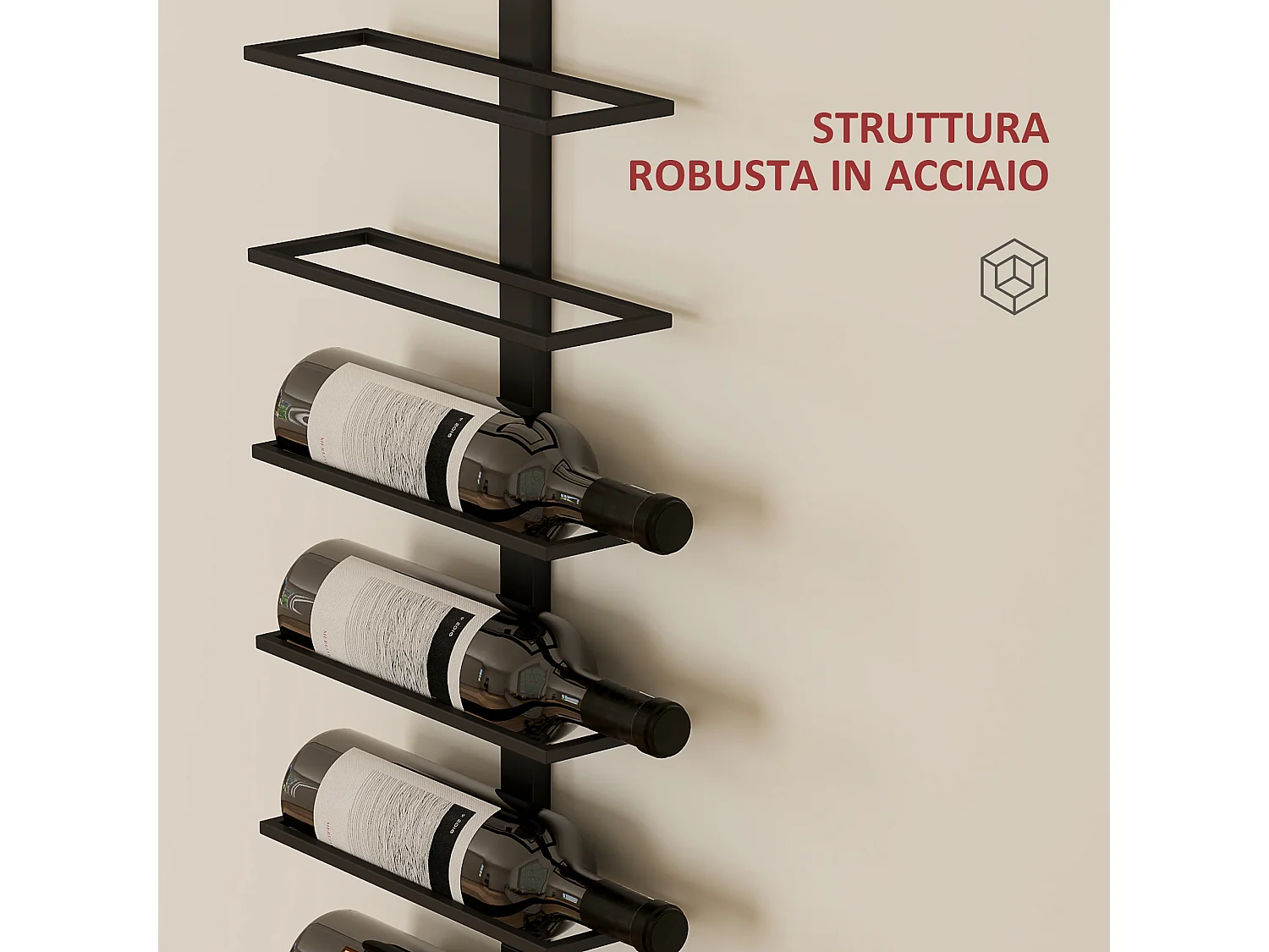 Portabottiglie da parete a 10 ripiani in acciaio 27x10x116 cm nero