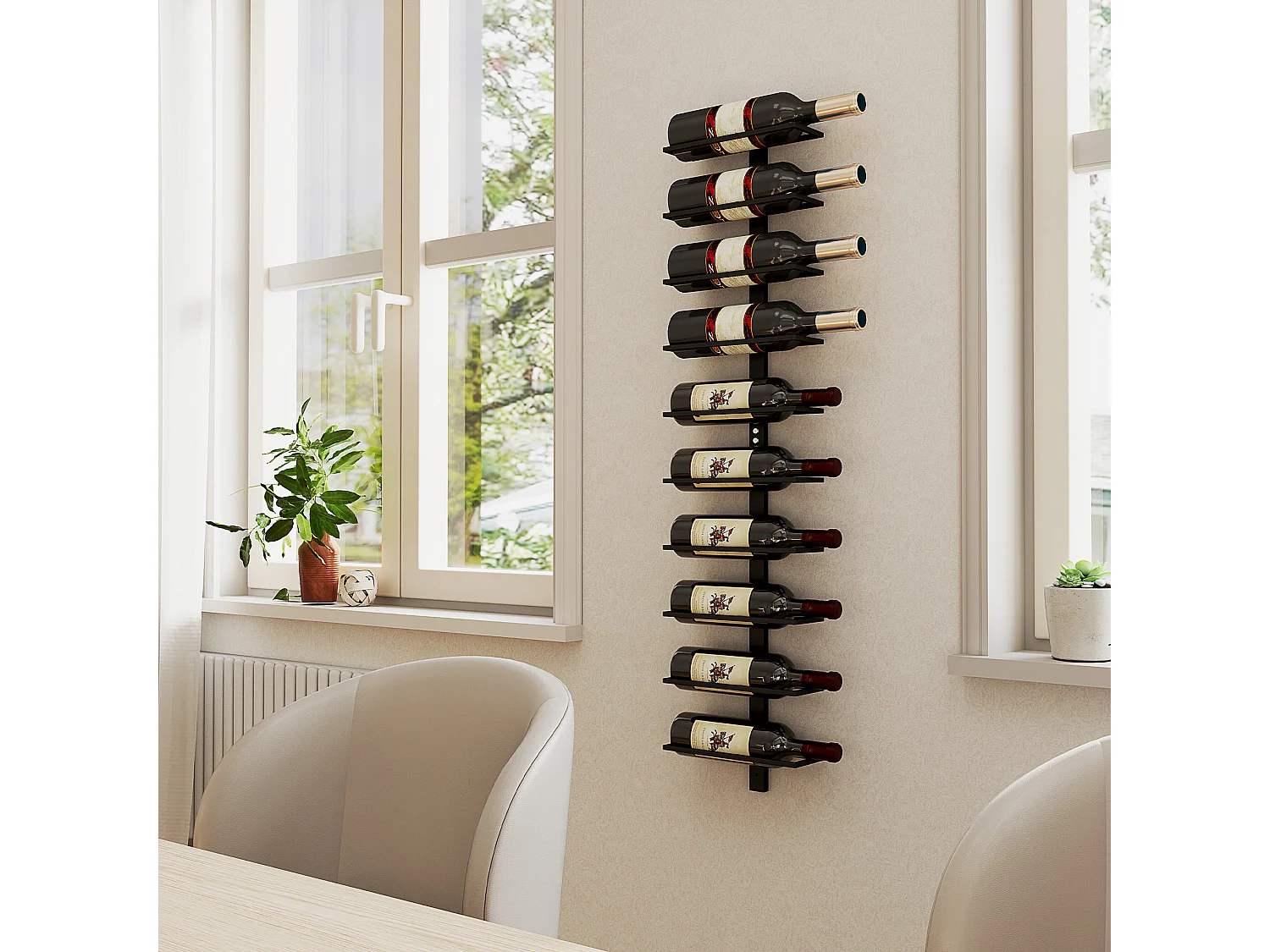 Portabottiglie da parete a 10 ripiani in acciaio 27x10x116 cm nero