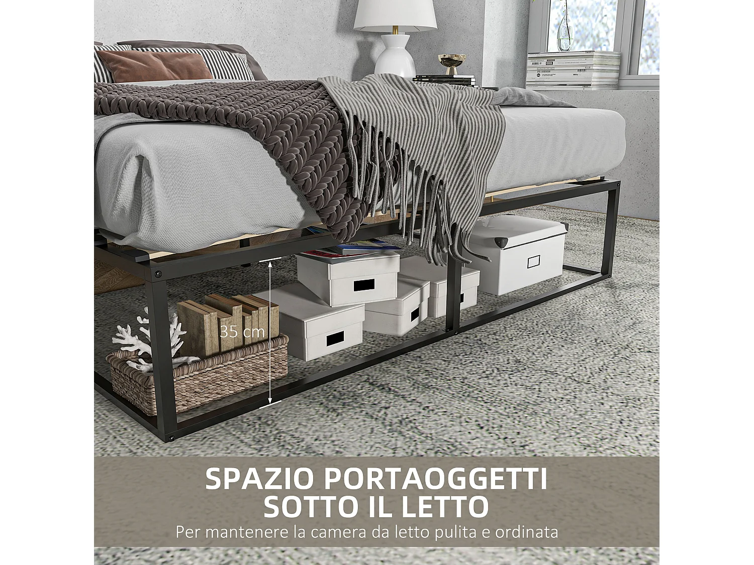 Struttura letto con doghe in compensato e spazio contenitore