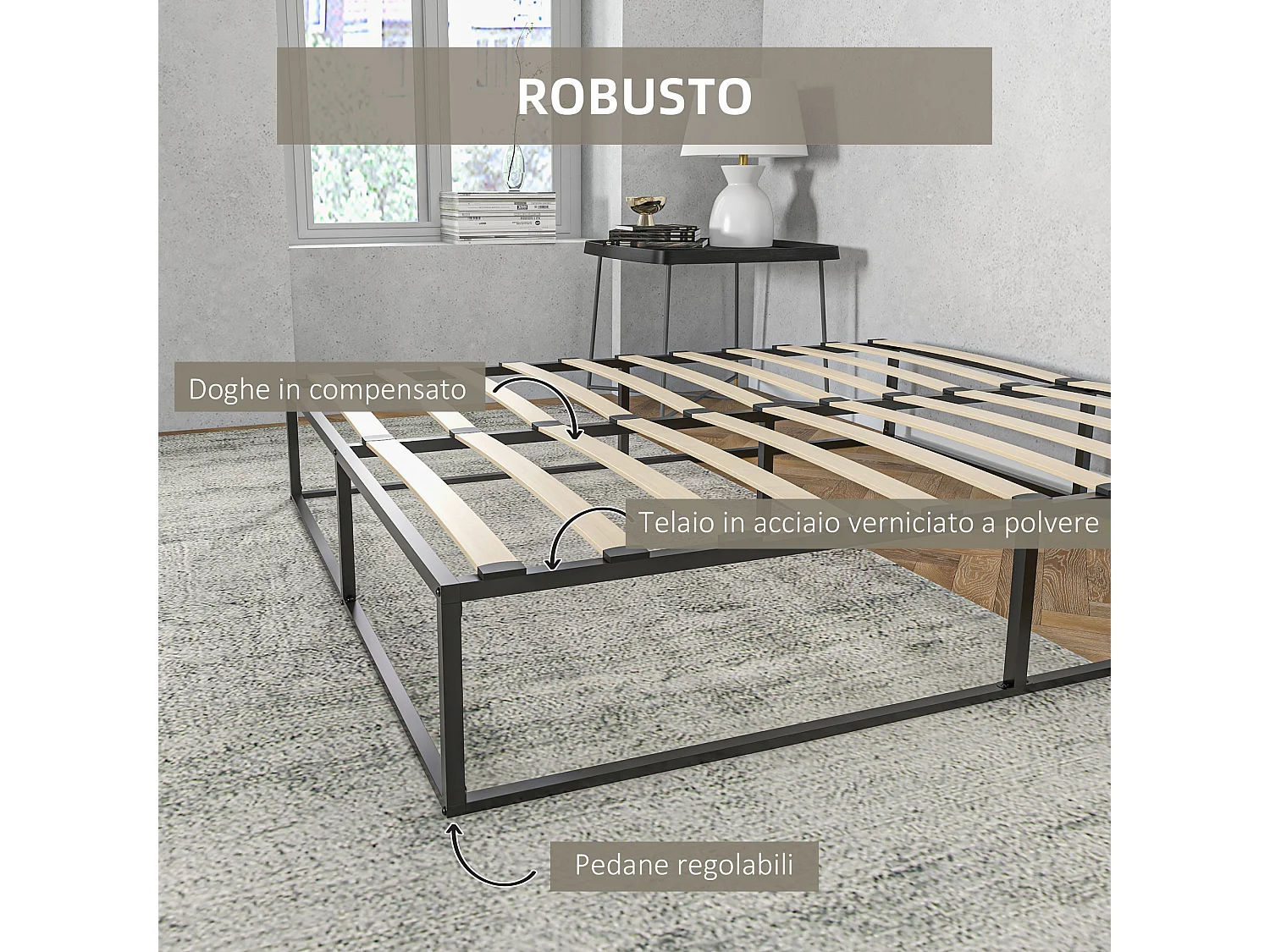 Struttura letto con doghe in compensato e spazio contenitore