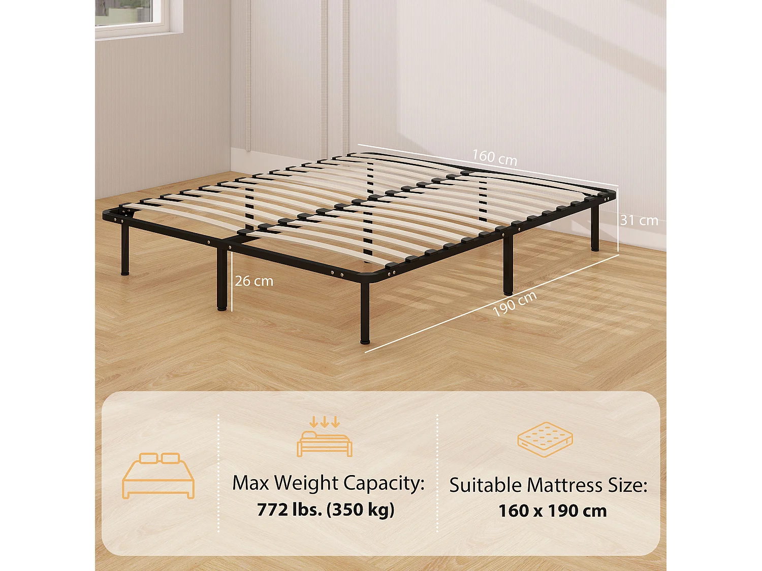 Letto matrimoniale a 28 doghe con spazio inferiore 190x160x31 cm