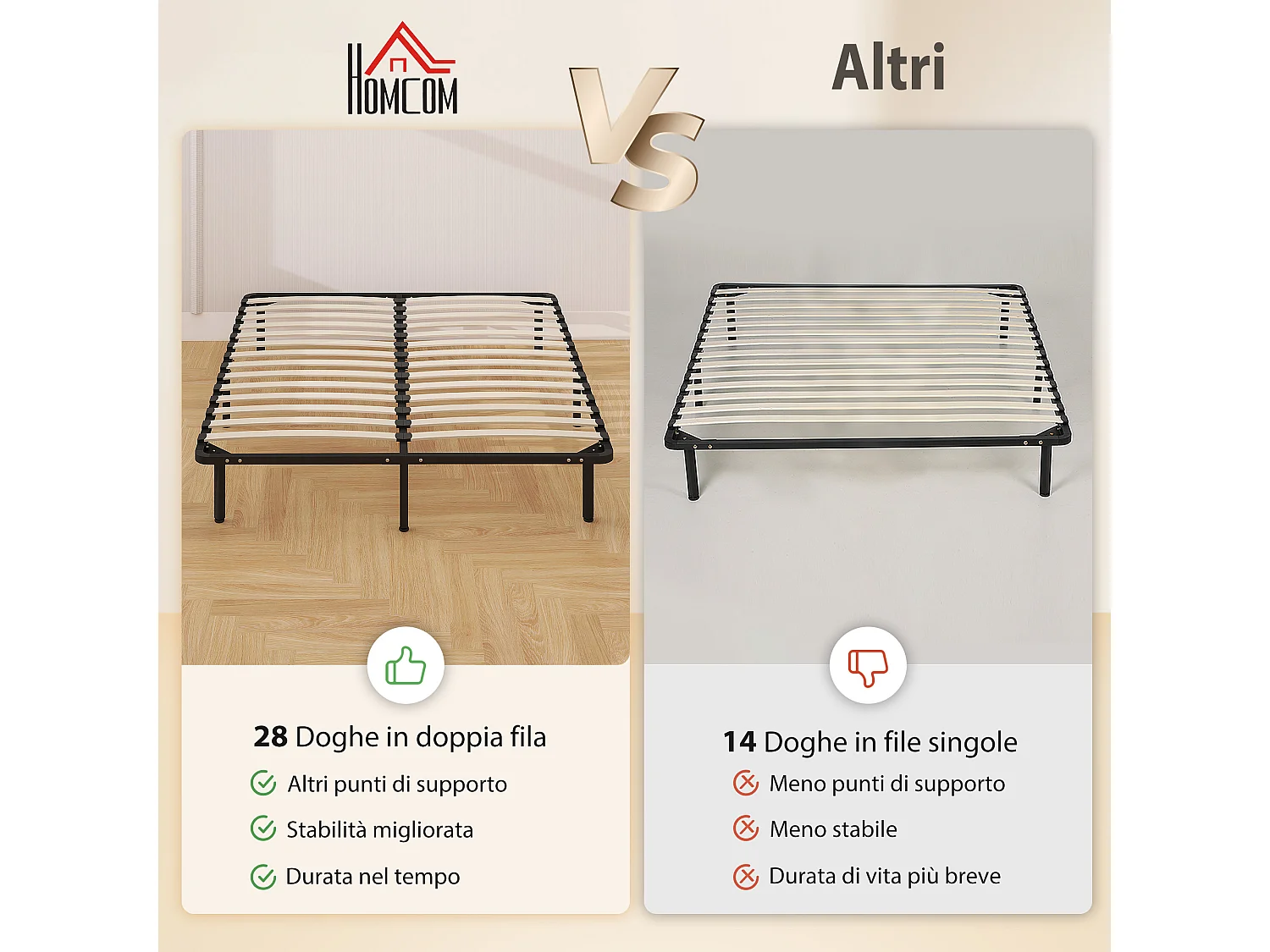 Letto matrimoniale a 28 doghe con spazio inferiore 190x160x31 cm