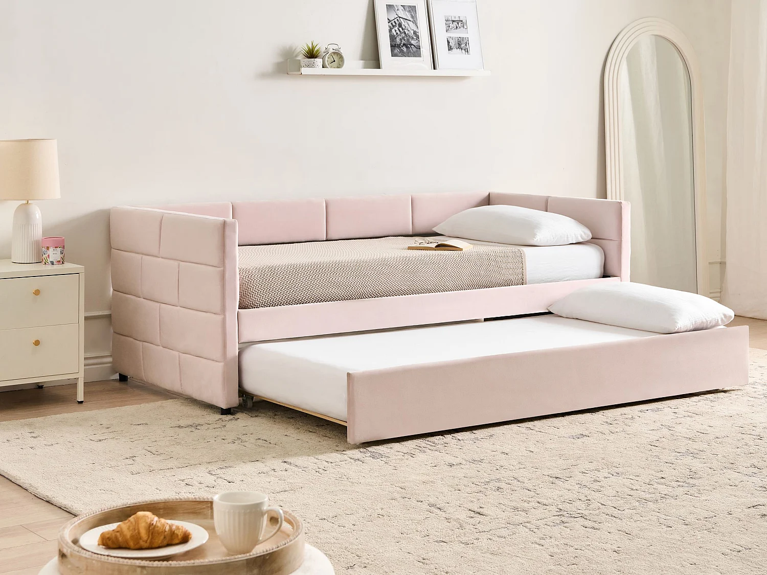 Lit gigogne Velours CHAVONNE 90 x 200 cm Rose
