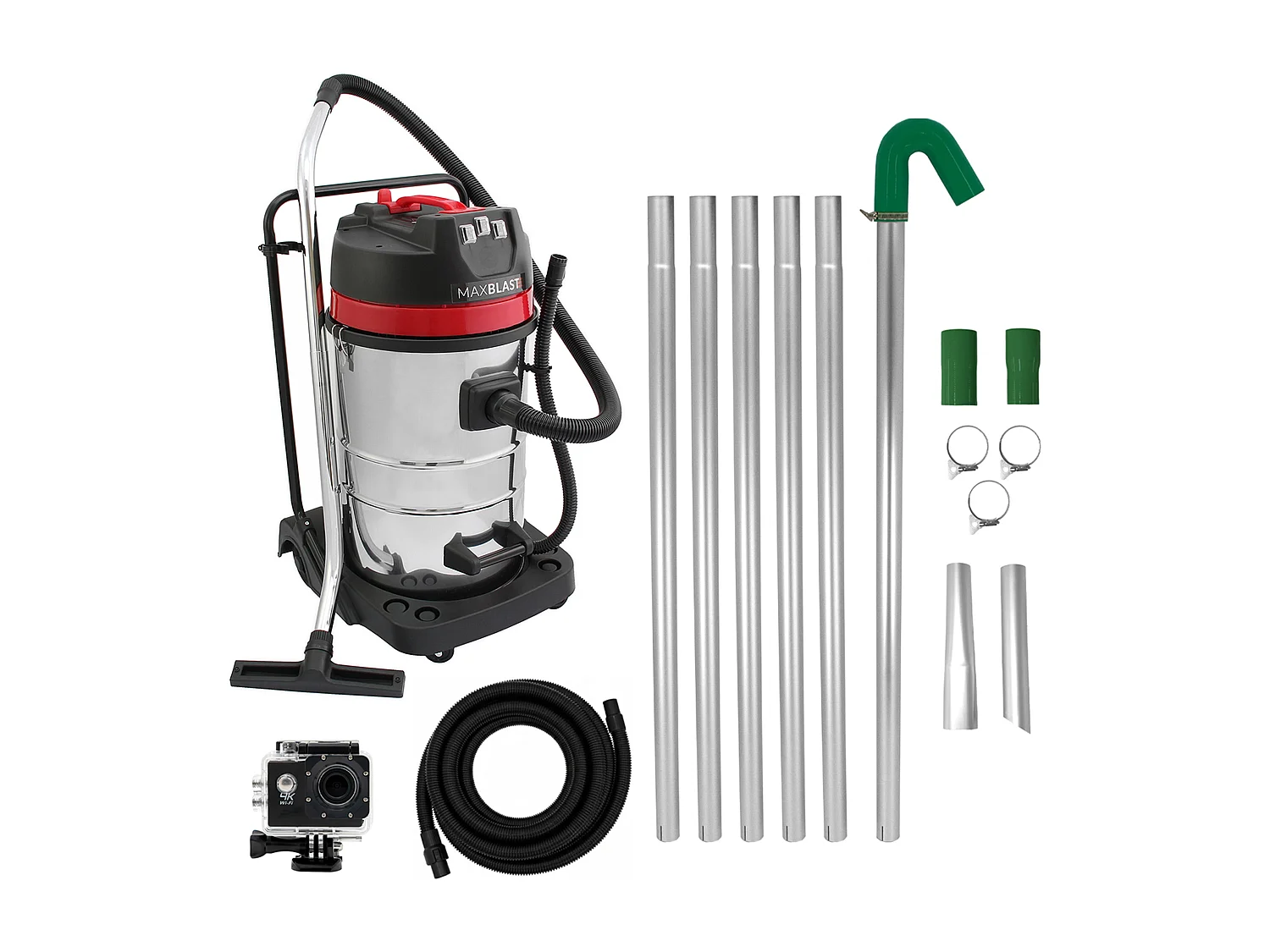 Kit de Limpeza de Calhas com Aspirador 80 L (Mangueira de 5m), Tubos Extensíveis e Câmara 4K