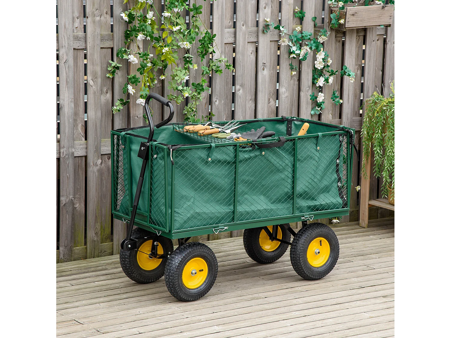 Carrello da giardino 342l con maniglia pareti laterali ribaltabili e 4 ruote