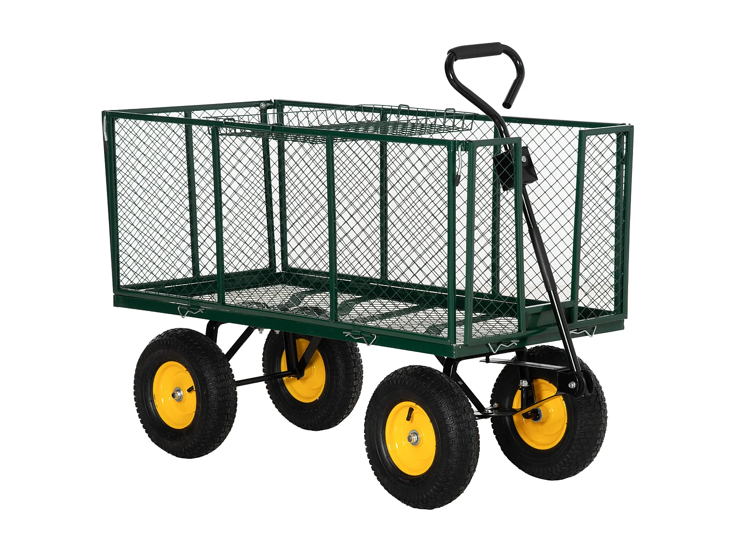 Carrello da giardino 342l con maniglia pareti laterali ribaltabili e 4 ruote