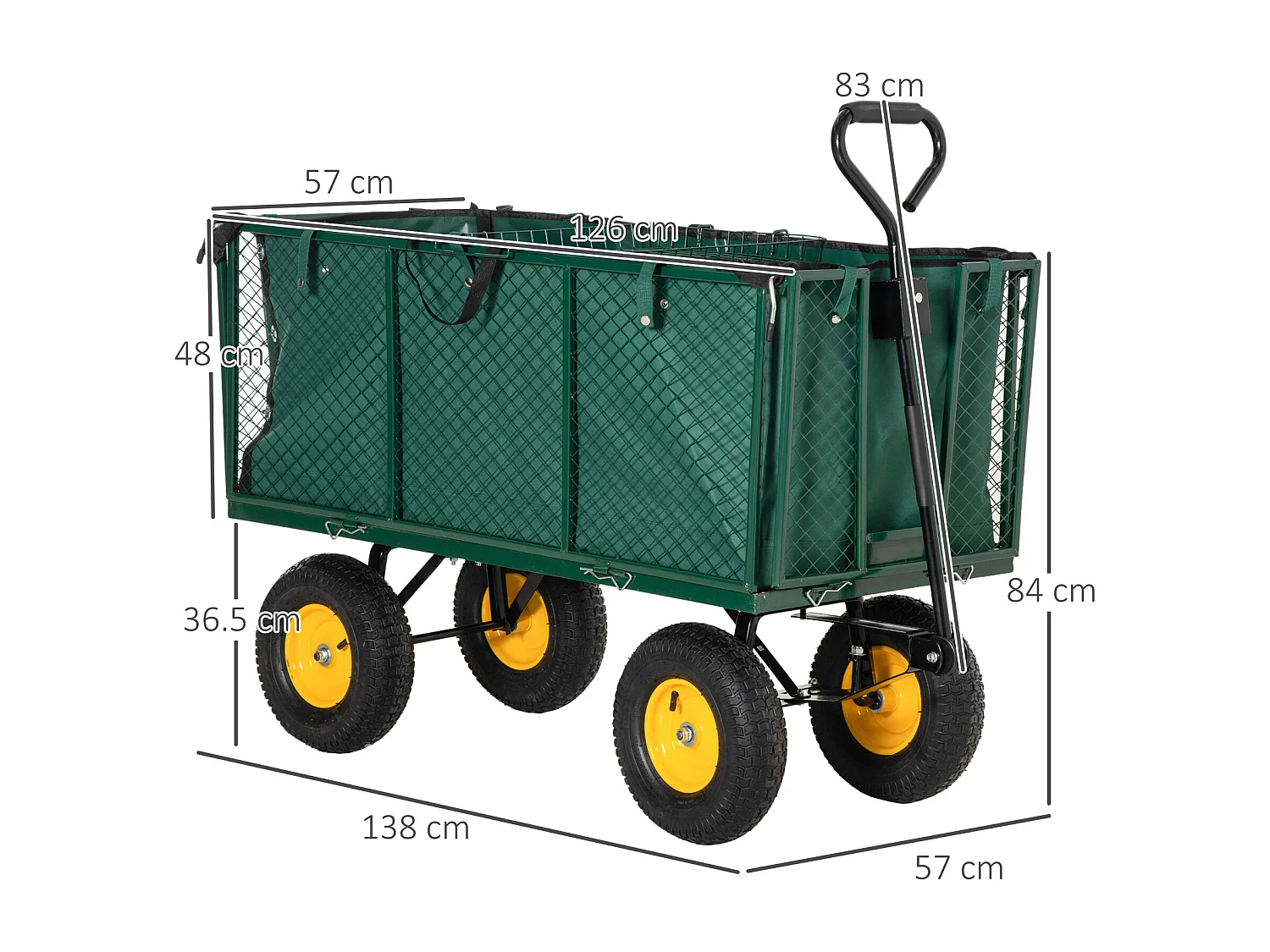 Carrello da giardino 342l con maniglia pareti laterali ribaltabili e 4 ruote