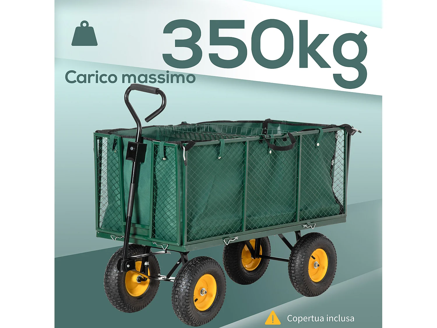 Carrello da giardino 342l con maniglia pareti laterali ribaltabili e 4 ruote