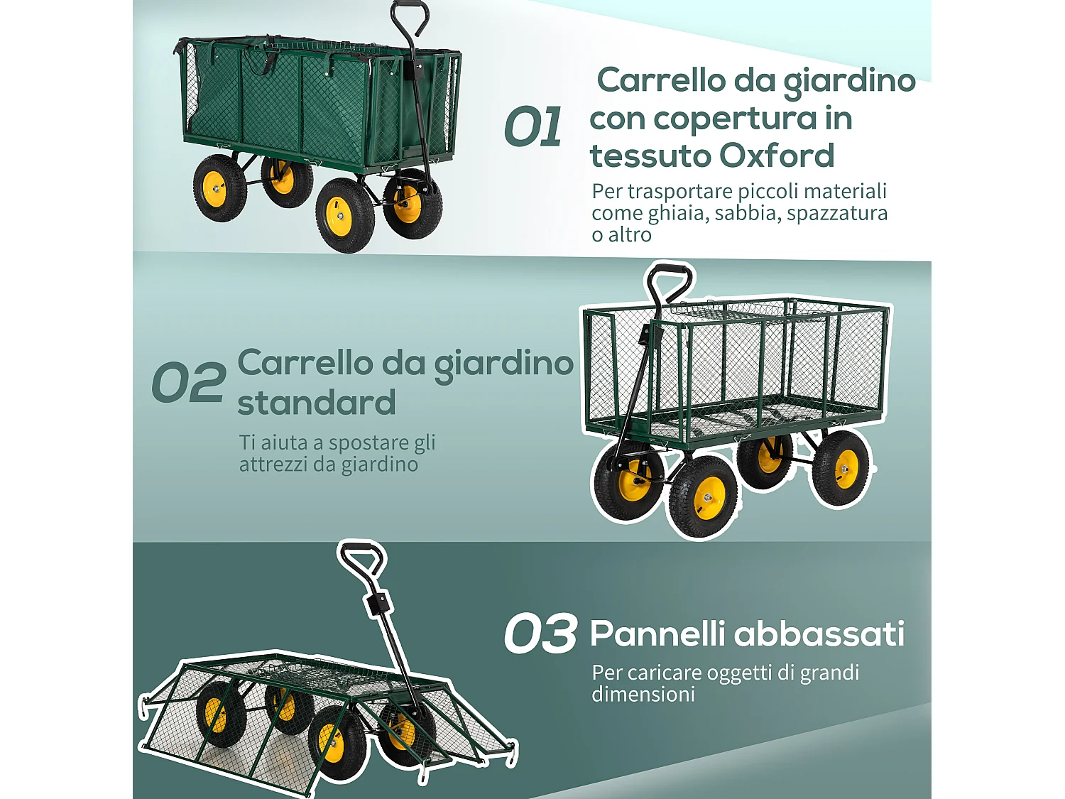 Carrello da giardino 342l con maniglia pareti laterali ribaltabili e 4 ruote
