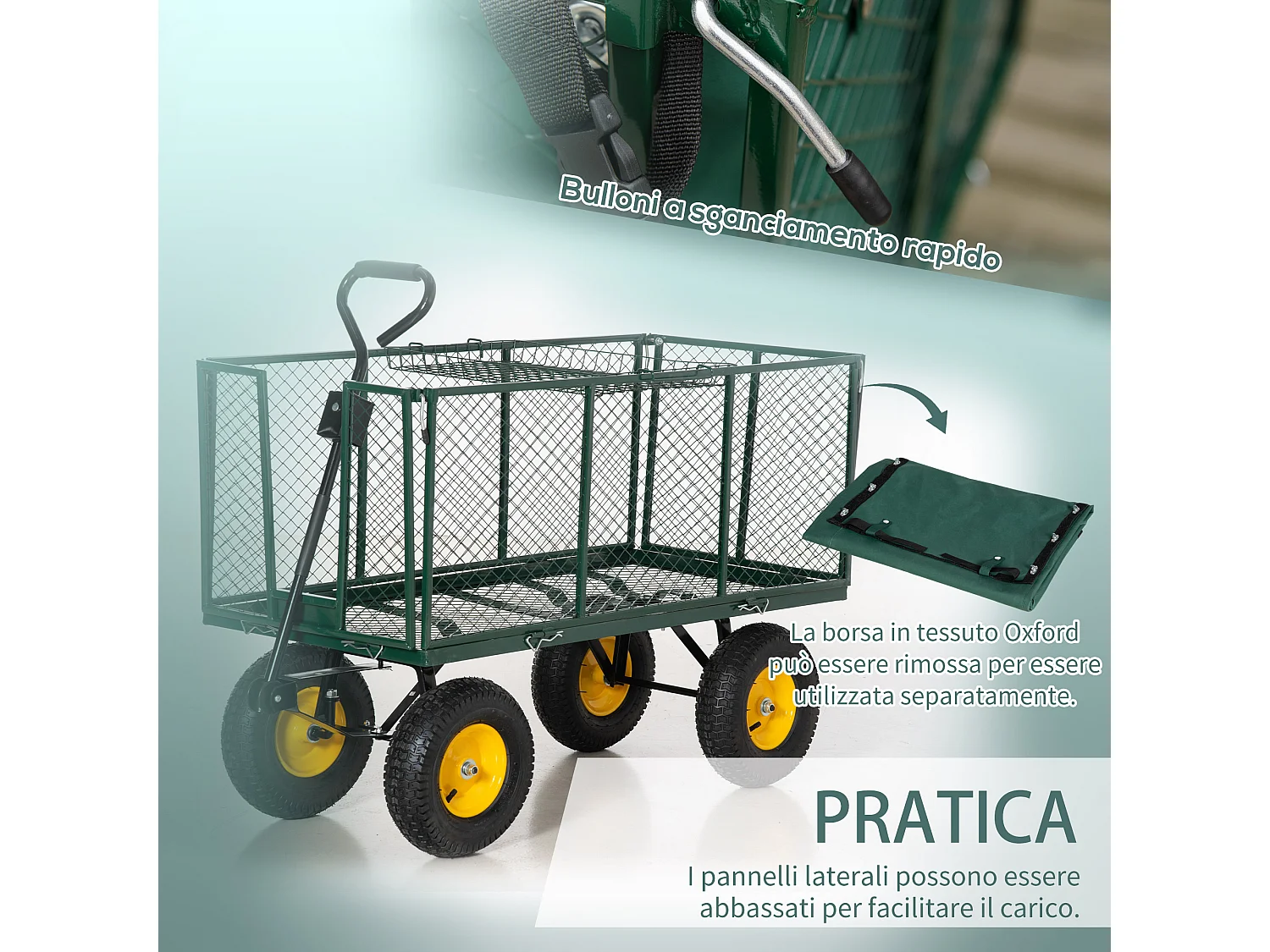 Carrello da giardino 342l con maniglia pareti laterali ribaltabili e 4 ruote