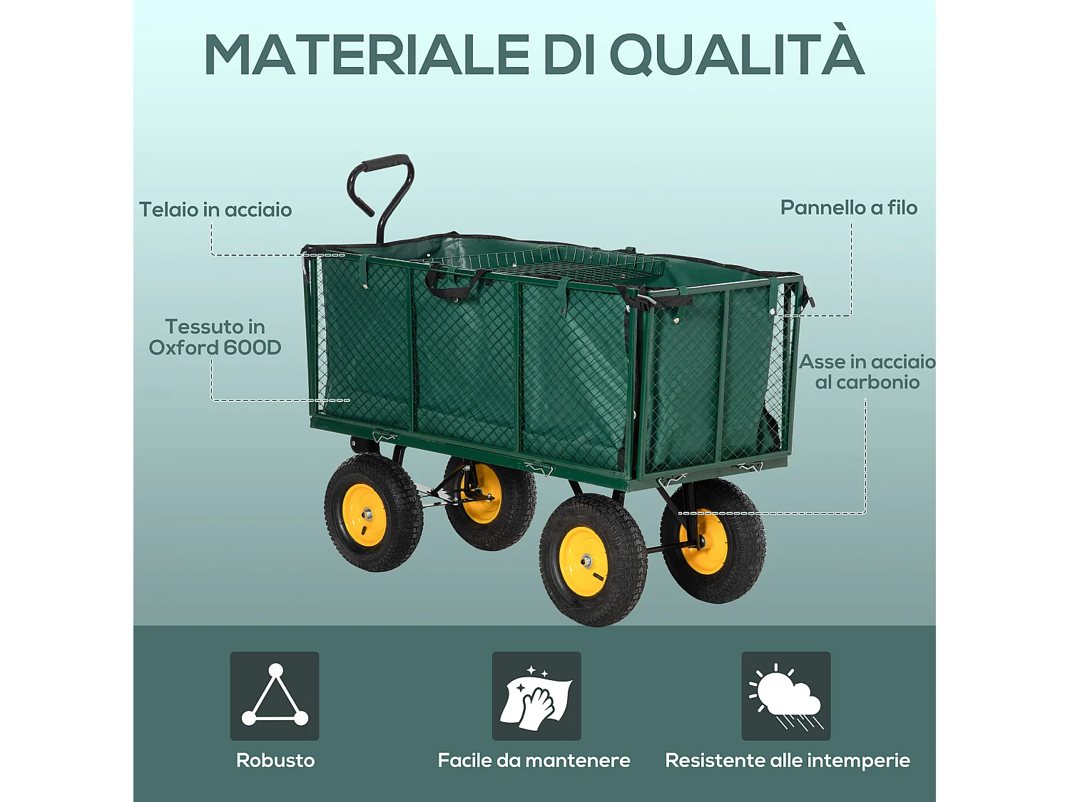 Carrello da giardino 342l con maniglia pareti laterali ribaltabili e 4 ruote