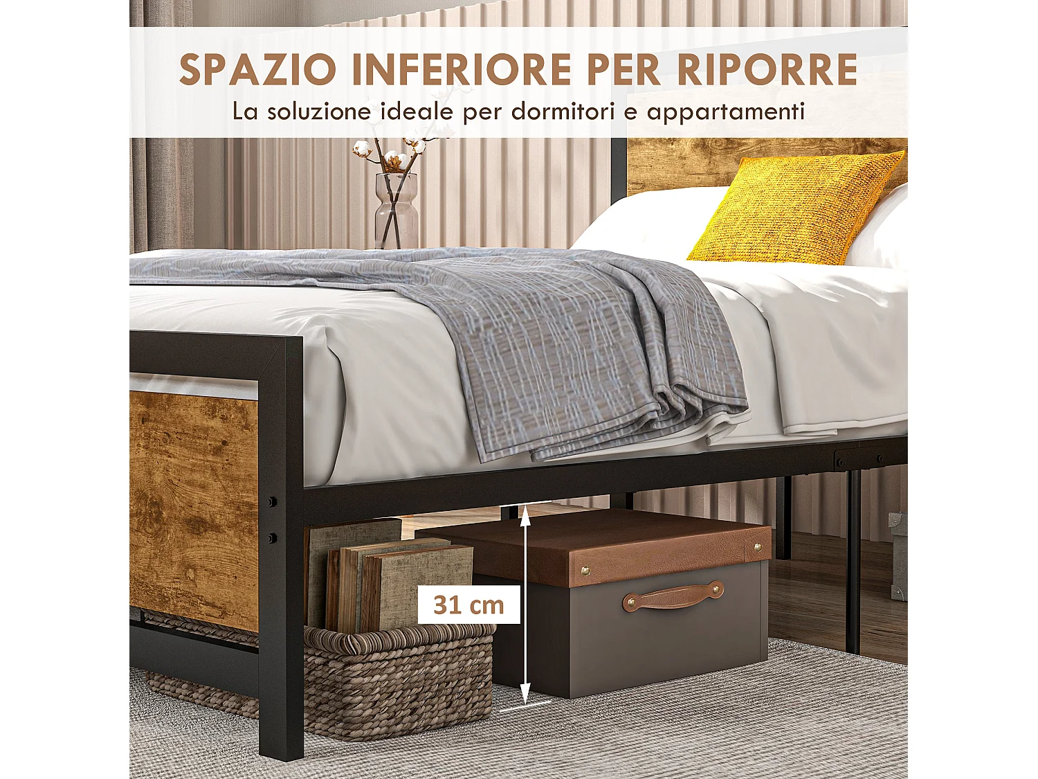 Letto 1 piazza e mezza con doghe in stile industriale 140x200cm