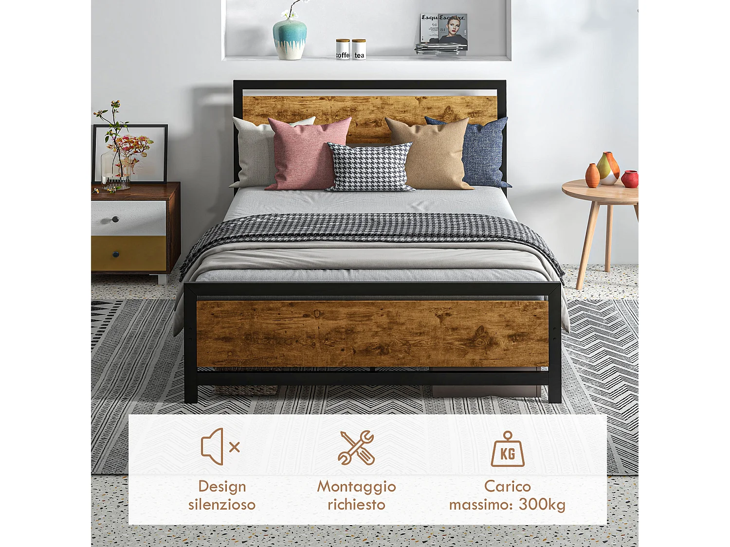 Letto 1 piazza e mezza con doghe in stile industriale 140x200cm