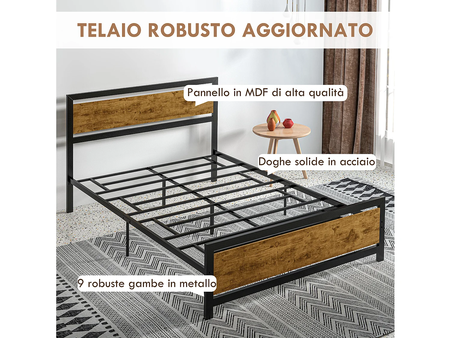 Letto 1 piazza e mezza con doghe in stile industriale 140x200cm
