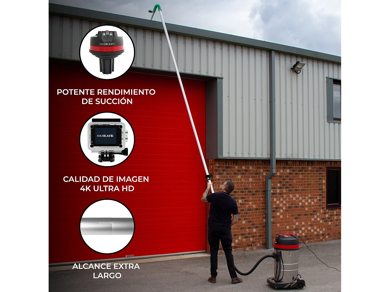 Kit de Limpeza de Calhas com Aspirador 80 L, Tubos Extensíveis e Câmara 4K