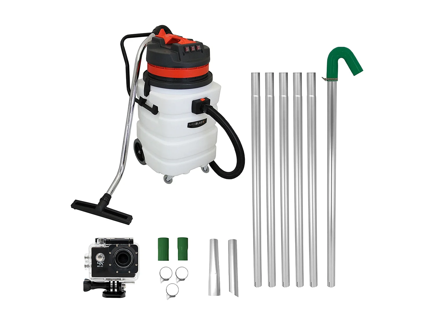 Kit de Limpeza de Calhas com Aspirador 90 L, Tubos Extensíveis e Câmara 4K