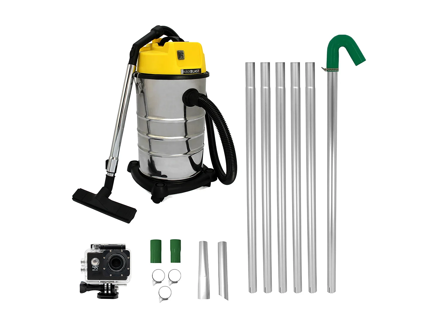 MAXBLAST Lot de Aspirateur Industriel 30 L, Perche Pour Gouttières & Caméra d'Inspection