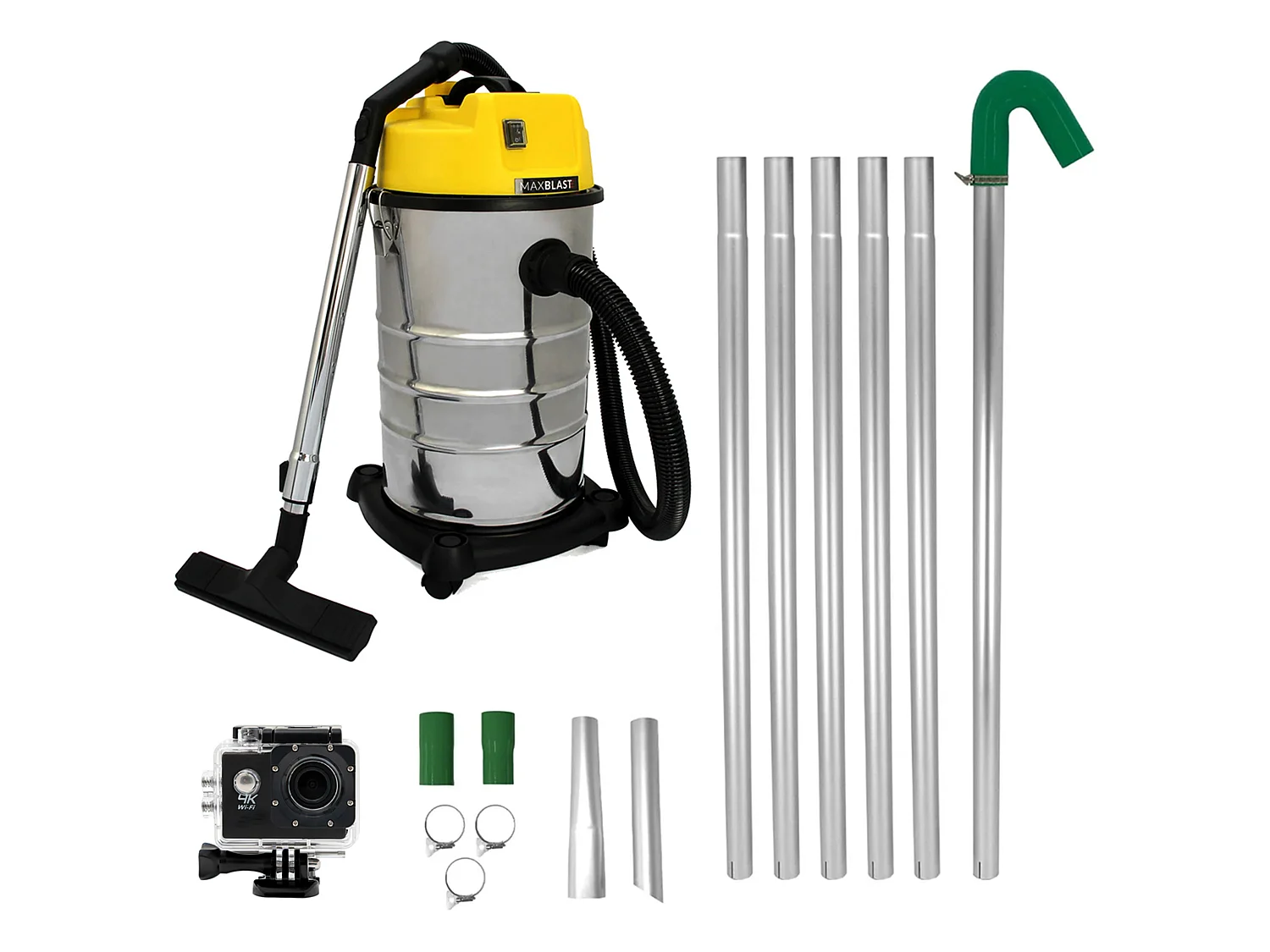 MAXBLAST Lot de Aspirateur Industriel 30 L, Perche Pour Gouttières & Caméra d'Inspection