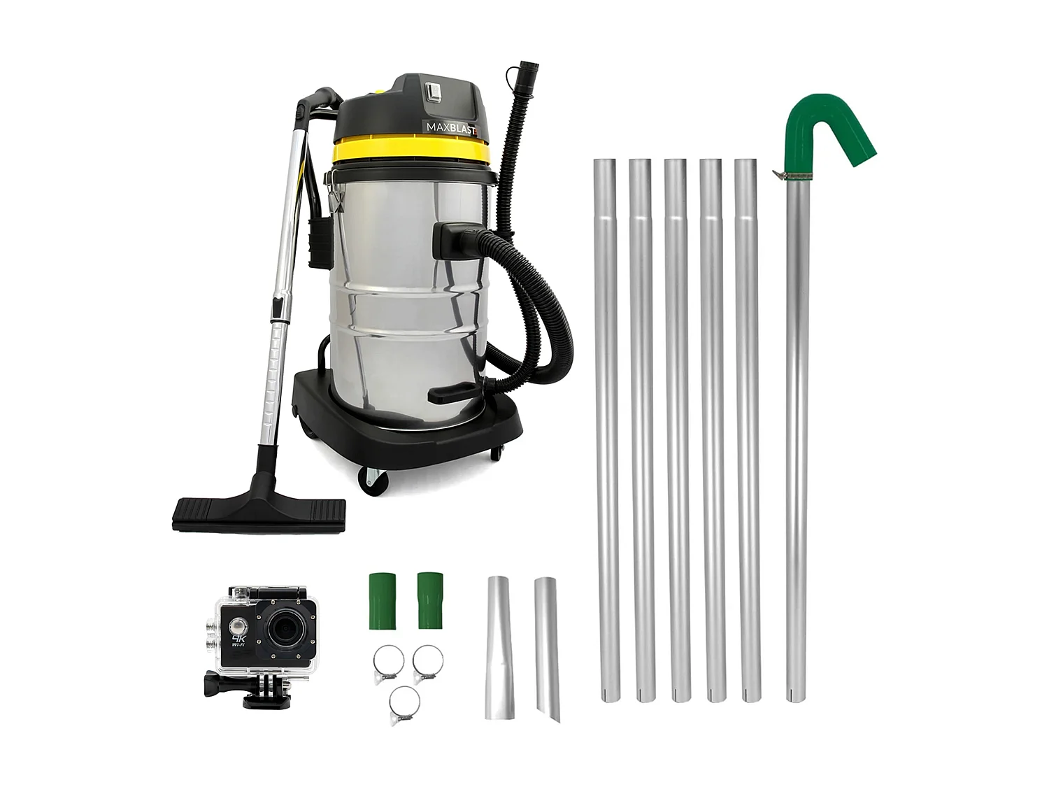 Kit de Limpeza de Calhas com Aspirador 60 L, Tubos Extensíveis e Câmara 4K