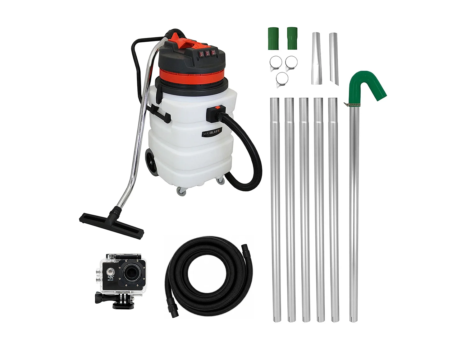 Kit de Limpeza de Calhas com Aspirador 90 L (Mangueira de 5m), Tubos Extensíveis e Câmara 4K