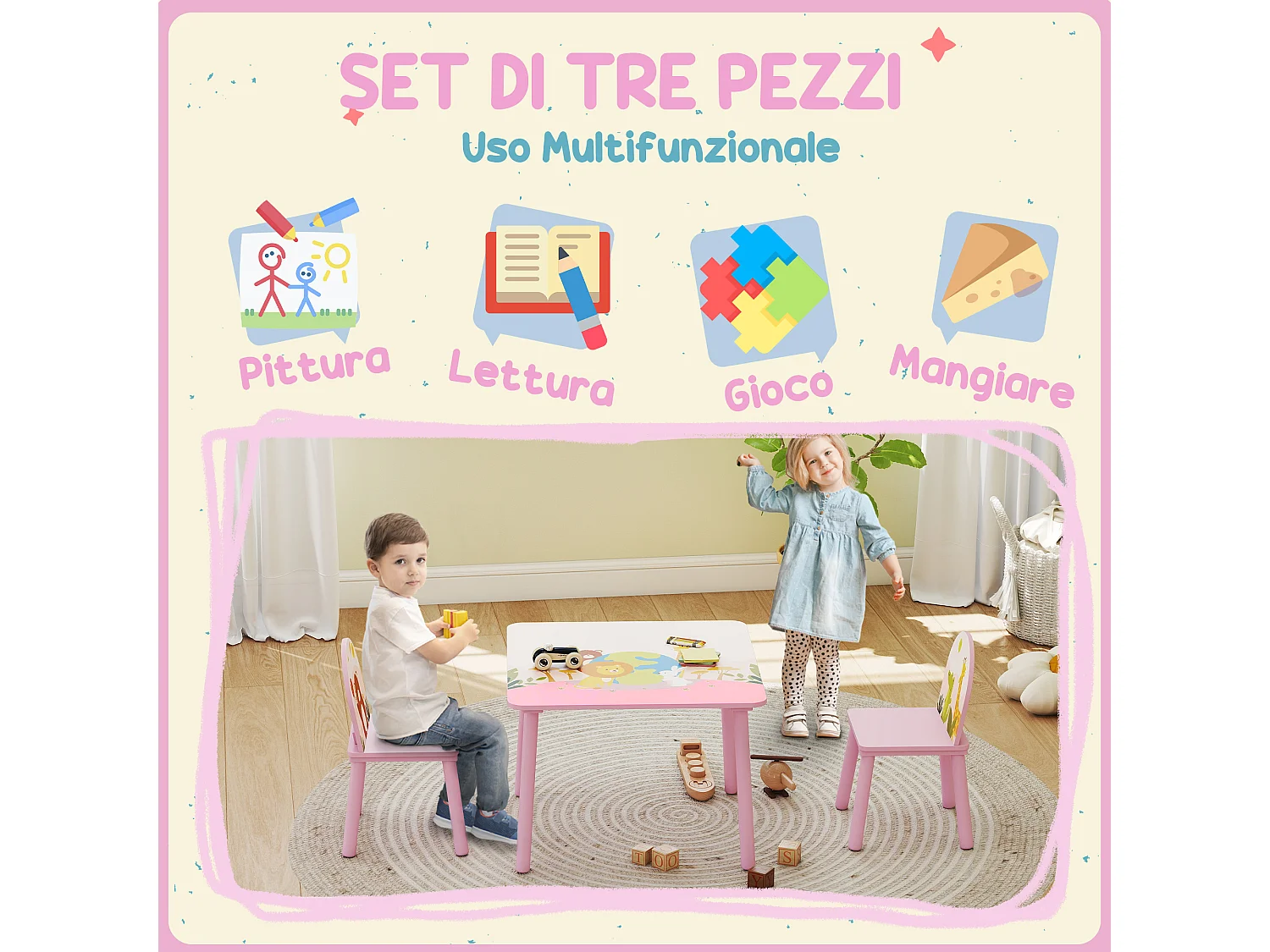 Set tavolo e sedie per bambini 3-8 anni con bordi arrotondati rosa