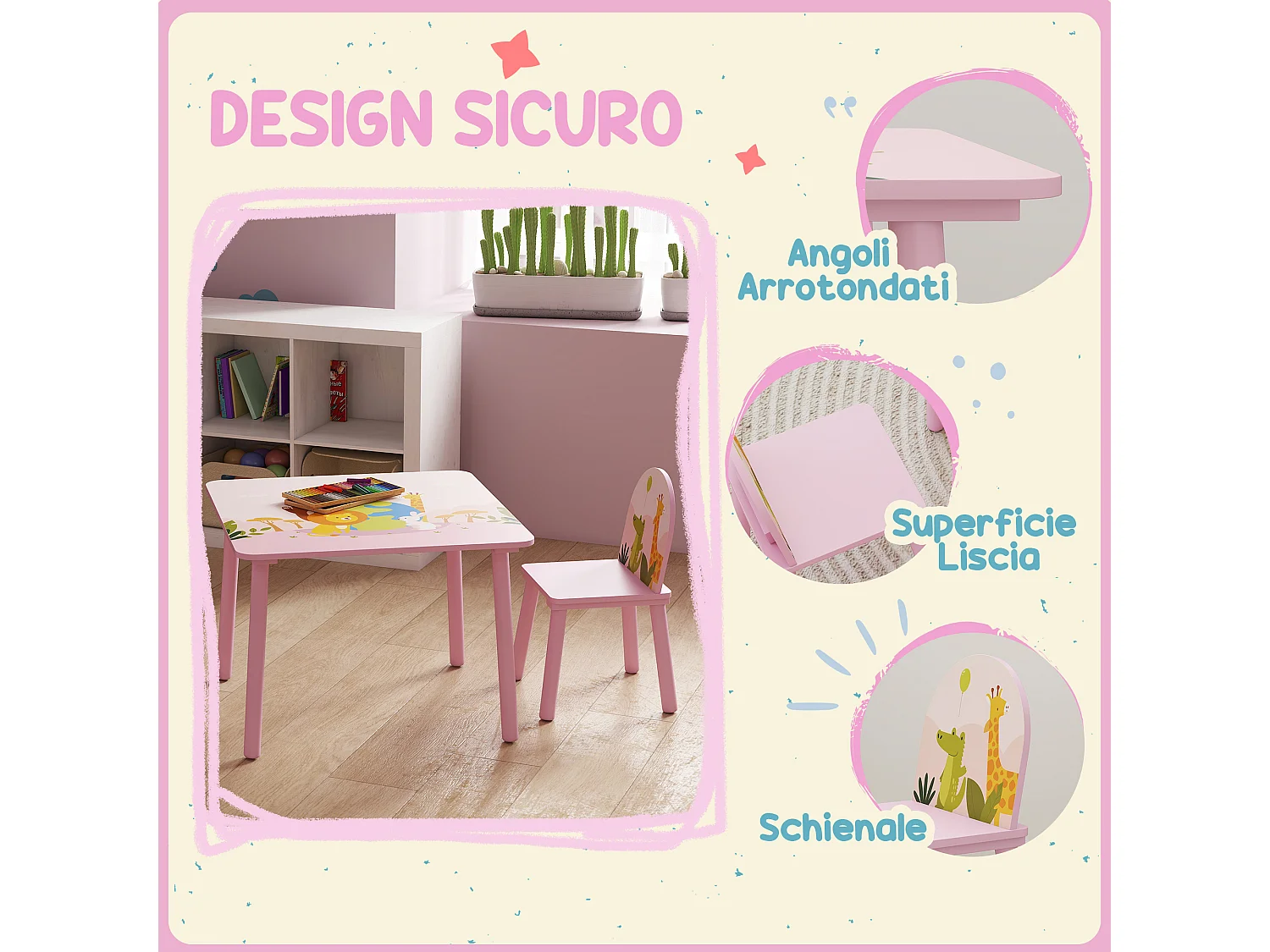 Set tavolo e sedie per bambini 3-8 anni con bordi arrotondati rosa