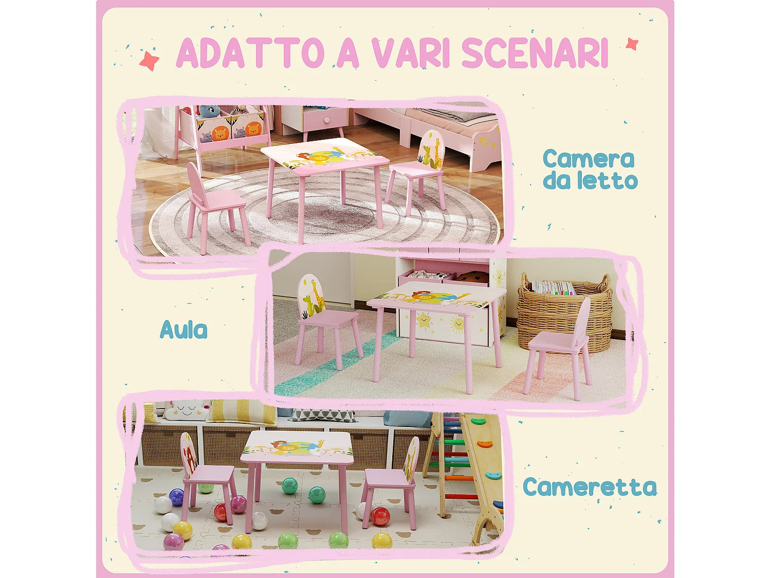 Set tavolo e sedie per bambini 3-8 anni con bordi arrotondati rosa