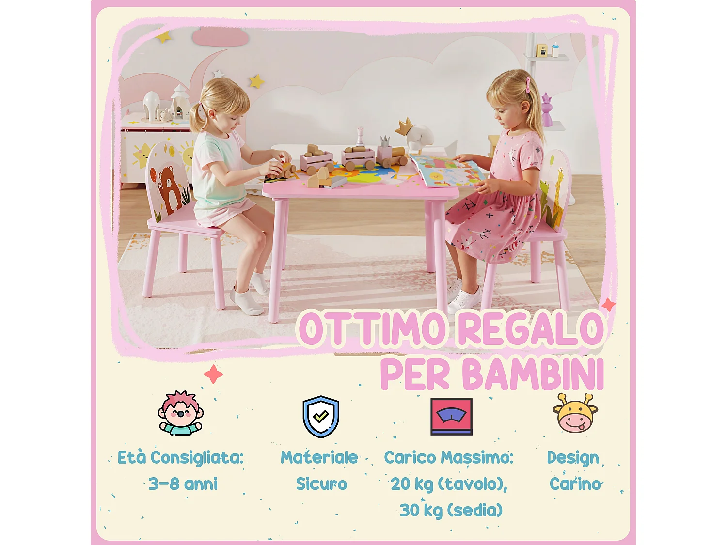 Set tavolo e sedie per bambini 3-8 anni con bordi arrotondati rosa