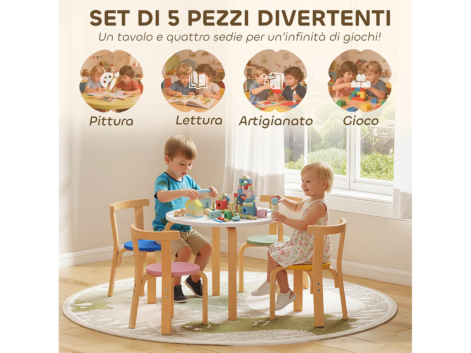 Set tavolo e sedie per bambini 3-8 anni 5 pz in legno multicolore