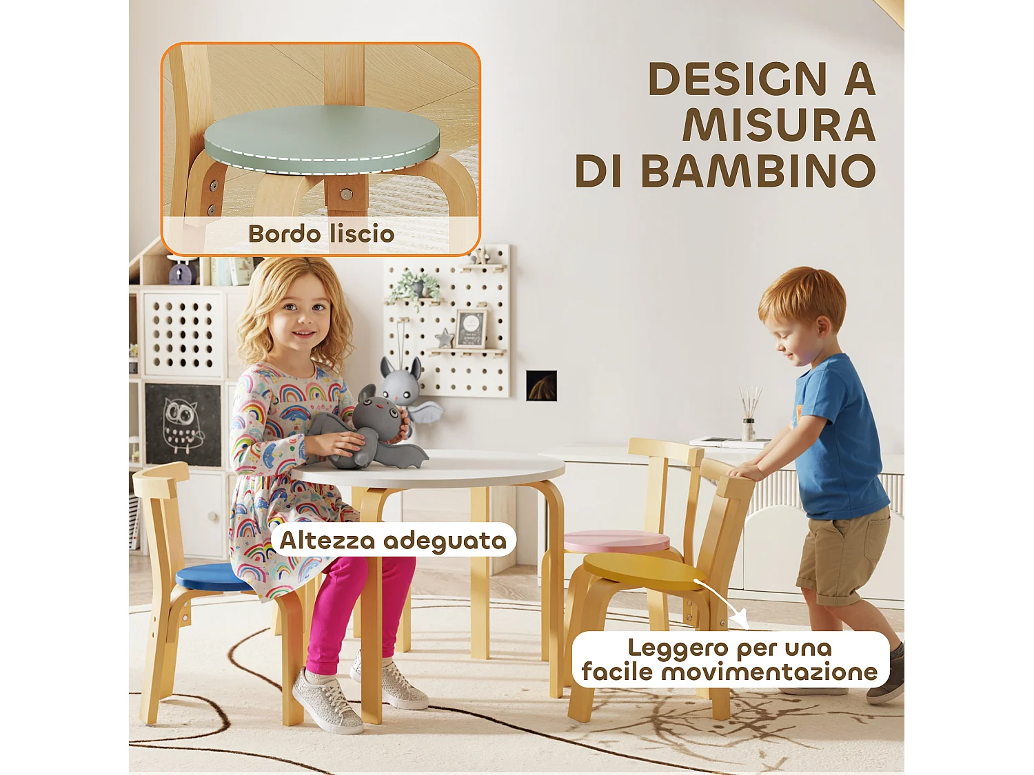 Set tavolo e sedie per bambini 3-8 anni 5 pz in legno multicolore