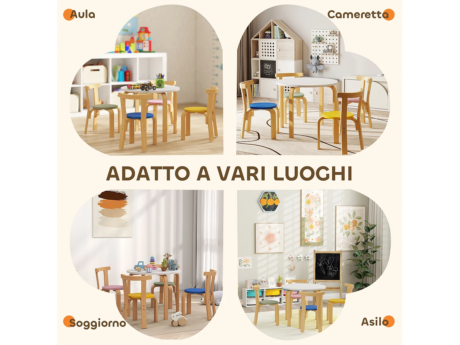 Set tavolo e sedie per bambini 3-8 anni 5 pz in legno multicolore