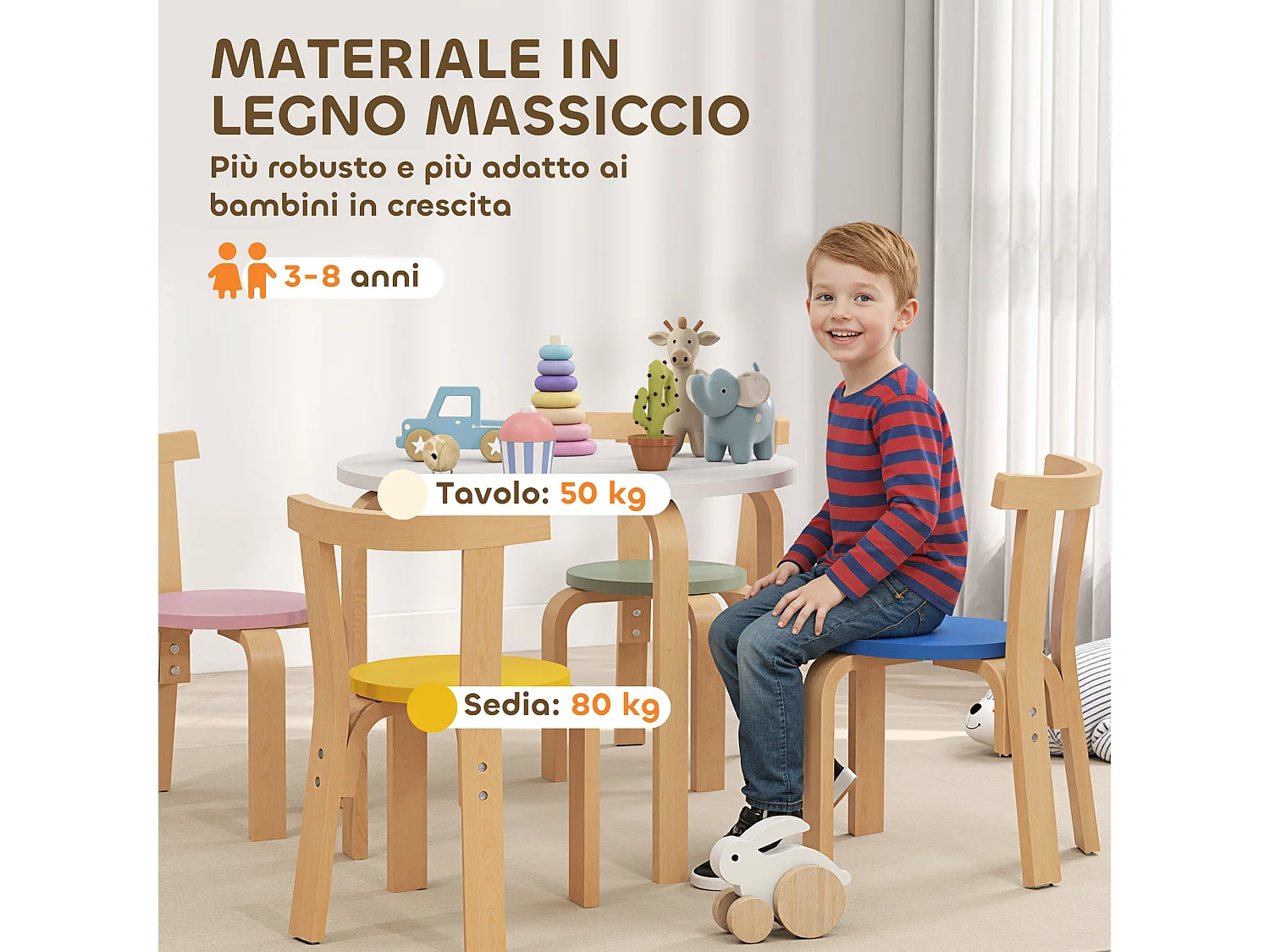 Set tavolo e sedie per bambini 3-8 anni 5 pz in legno multicolore