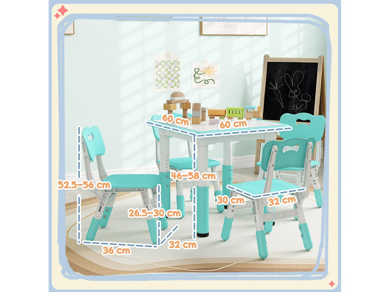 Set tavolo e sedie per bambini 5 pz in legno e pp verde