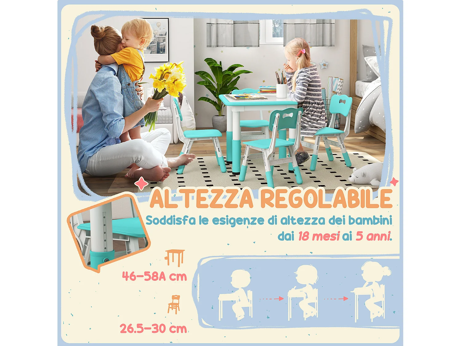 Set tavolo e sedie per bambini 5 pz in legno e pp verde