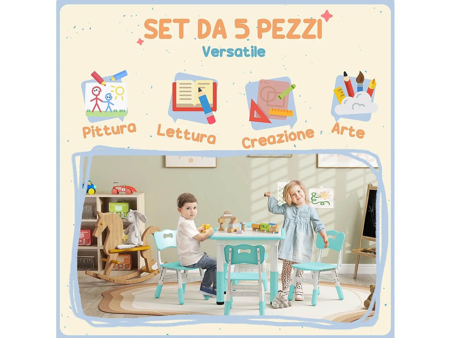 Set tavolo e sedie per bambini 5 pz in legno e pp verde