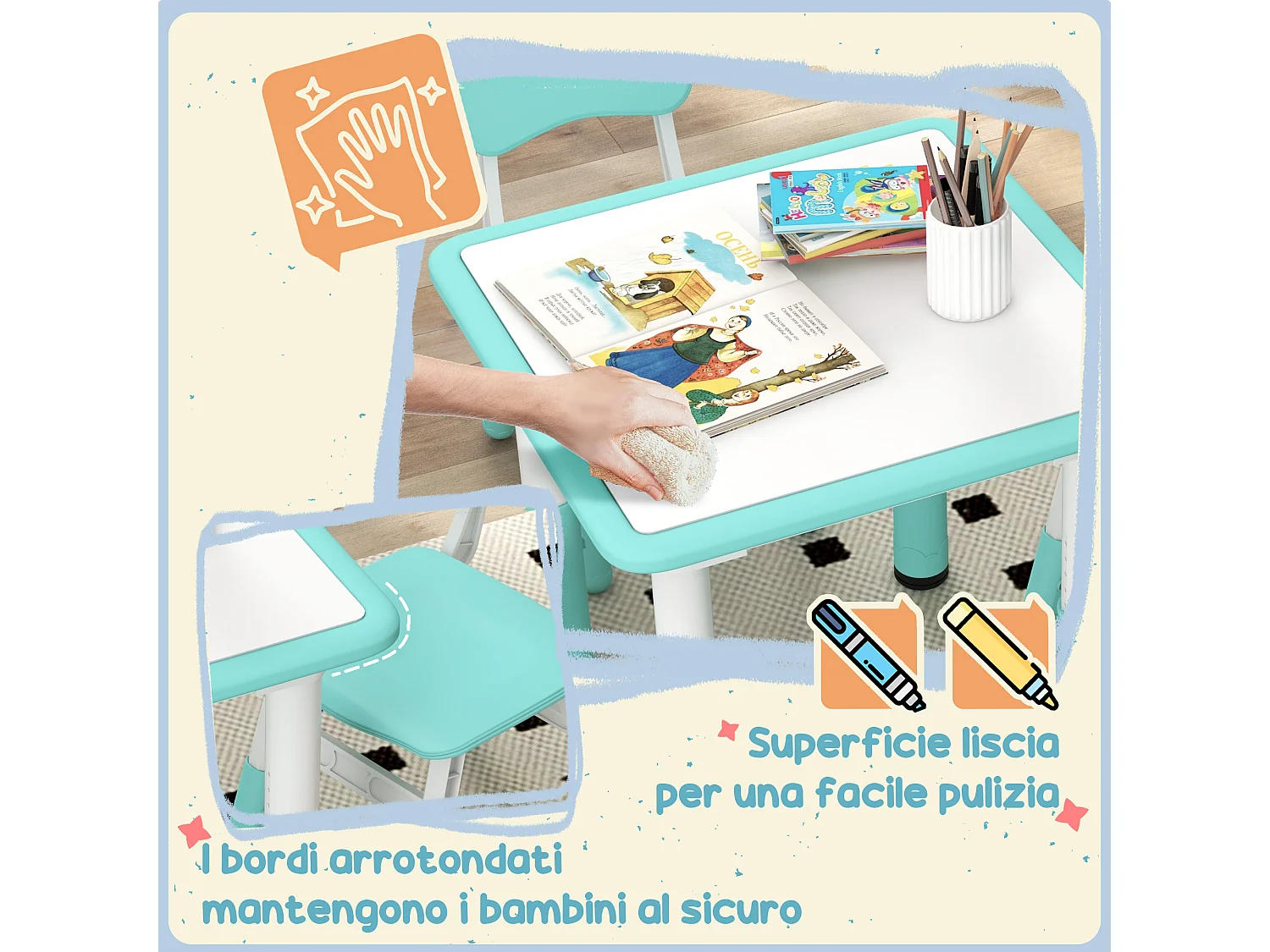 Set tavolo e sedie per bambini 5 pz in legno e pp verde
