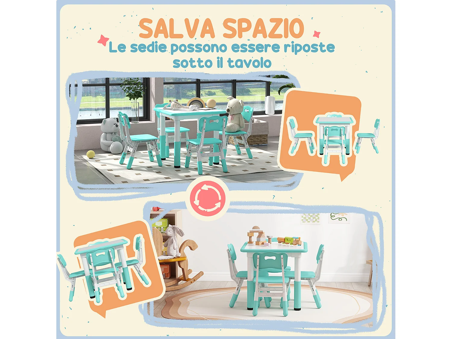Set tavolo e sedie per bambini 5 pz in legno e pp verde