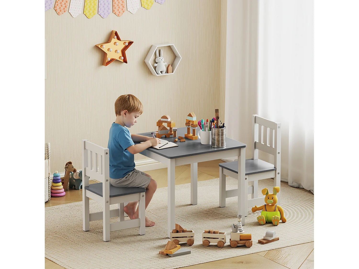Set tavolo e sedie per bambini 3-8 anni in legno grigio e bianco