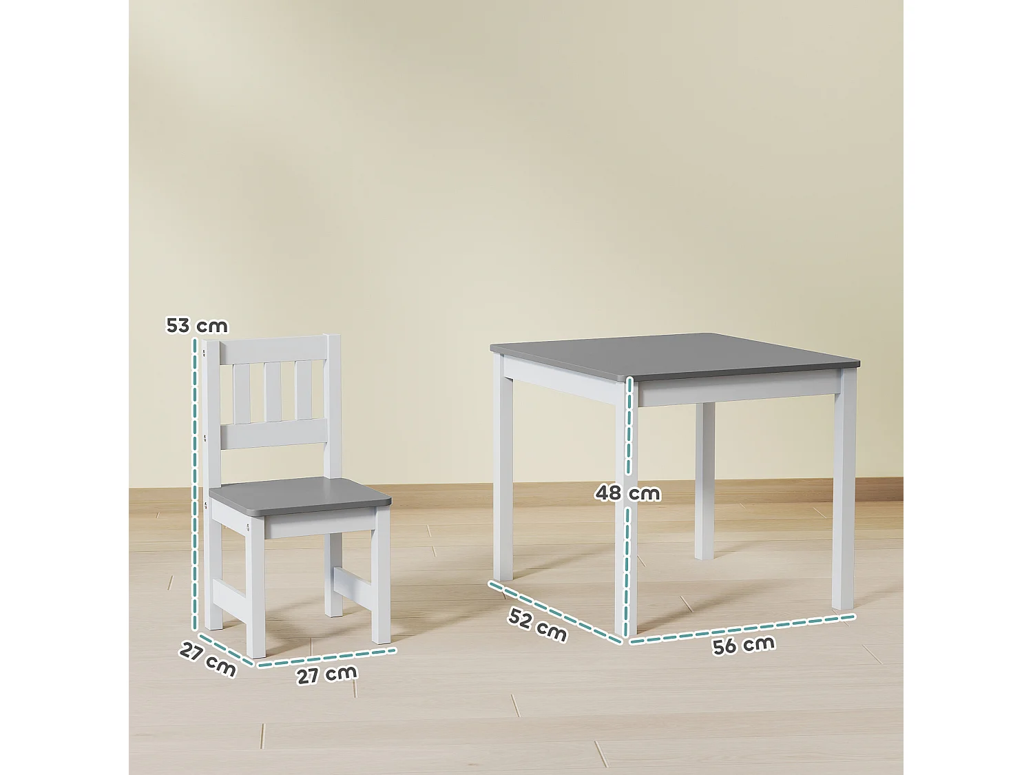 Set tavolo e sedie per bambini 3-8 anni in legno grigio e bianco