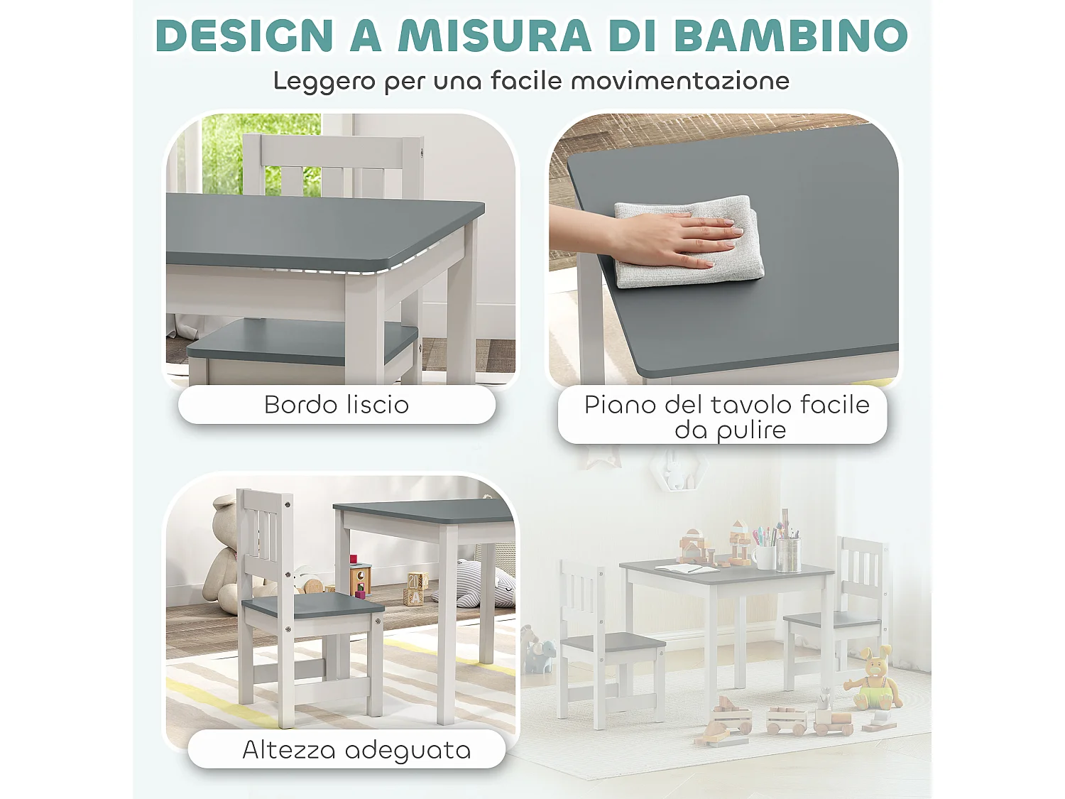 Set tavolo e sedie per bambini 3-8 anni in legno grigio e bianco