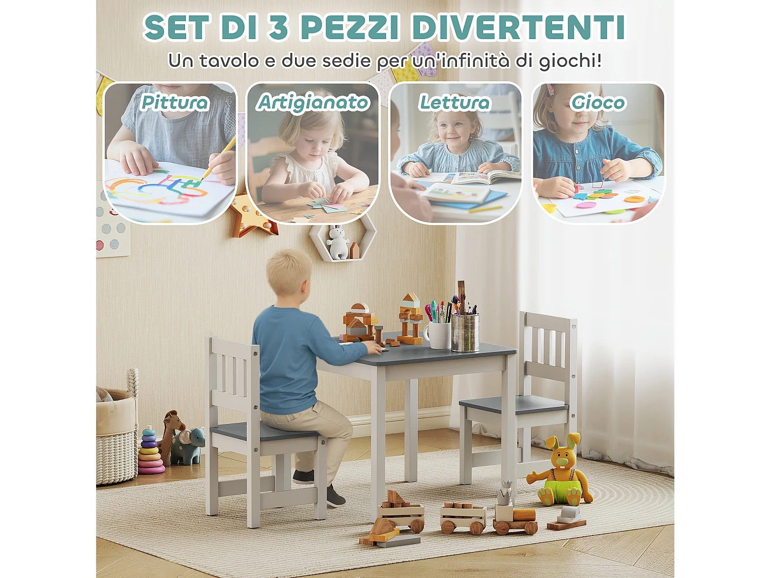 Set tavolo e sedie per bambini 3-8 anni in legno grigio e bianco