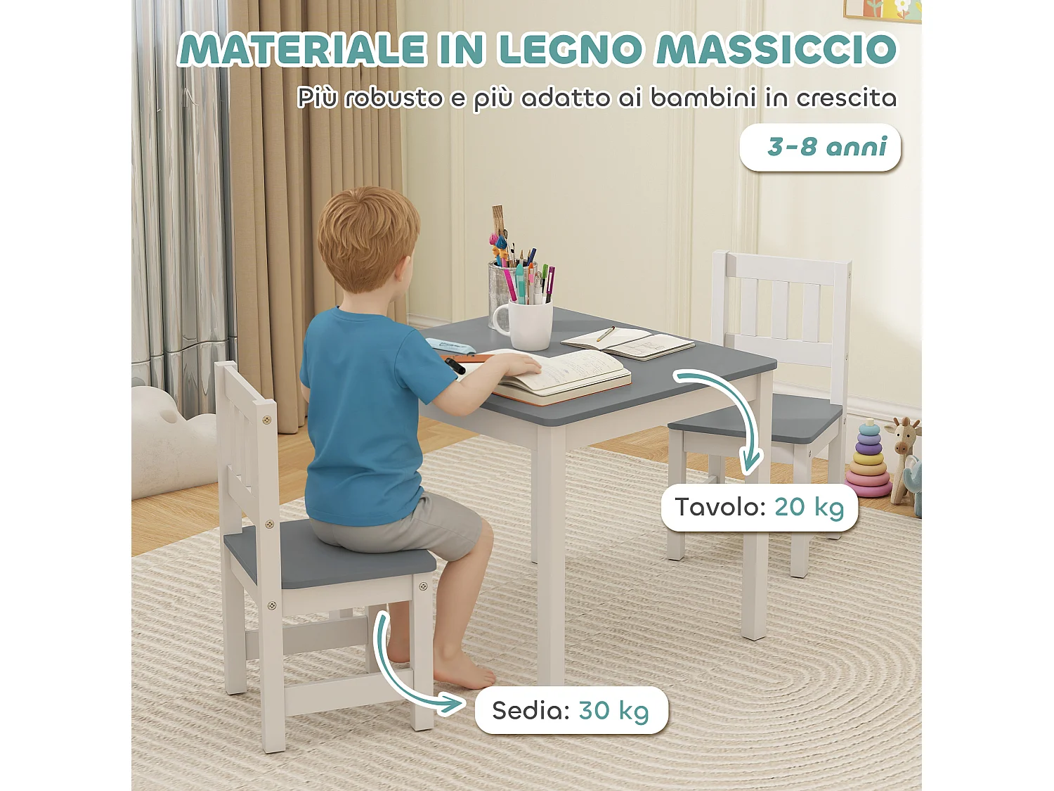 Set tavolo e sedie per bambini 3-8 anni in legno grigio e bianco