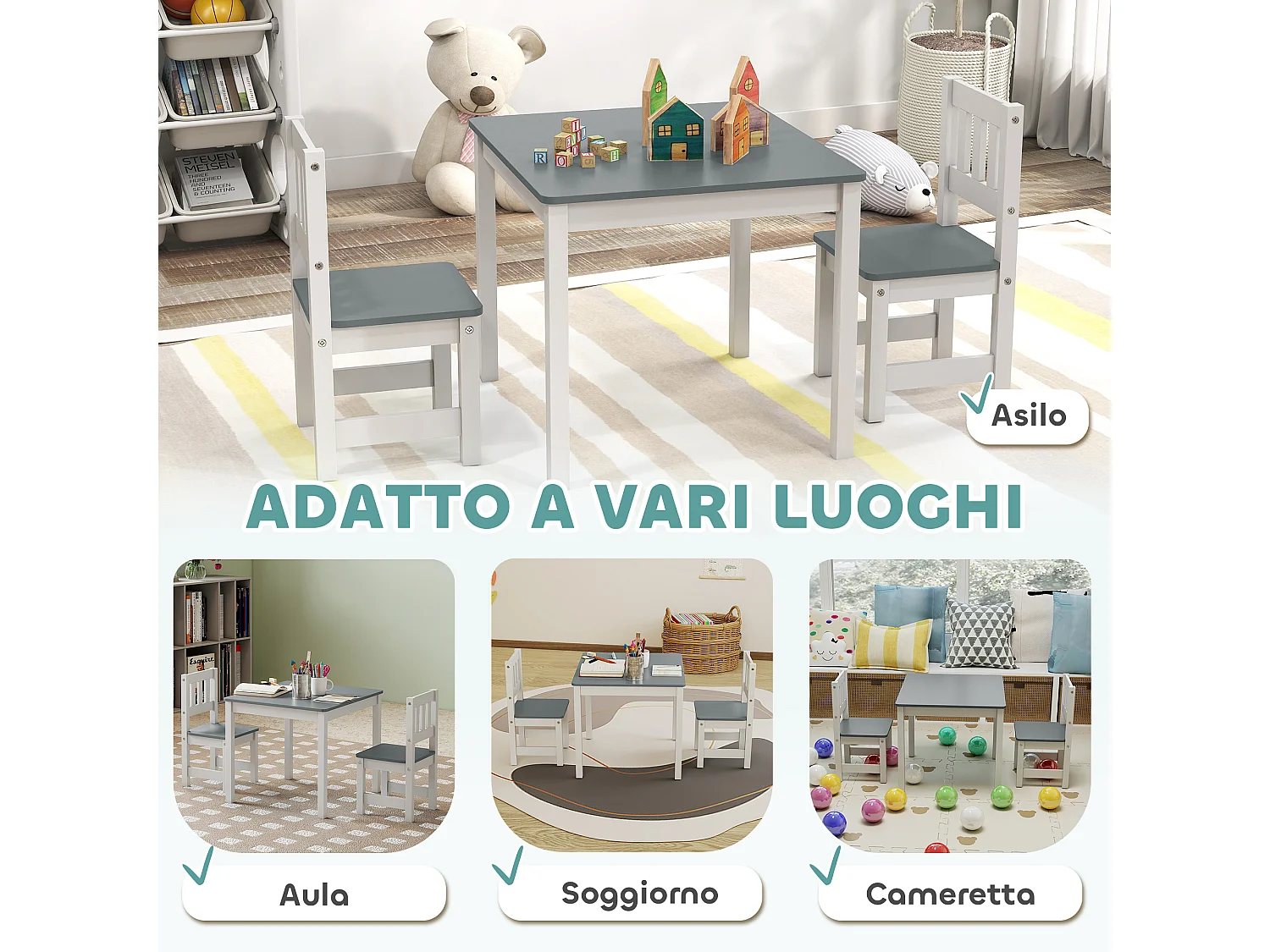 Set tavolo e sedie per bambini 3-8 anni in legno grigio e bianco