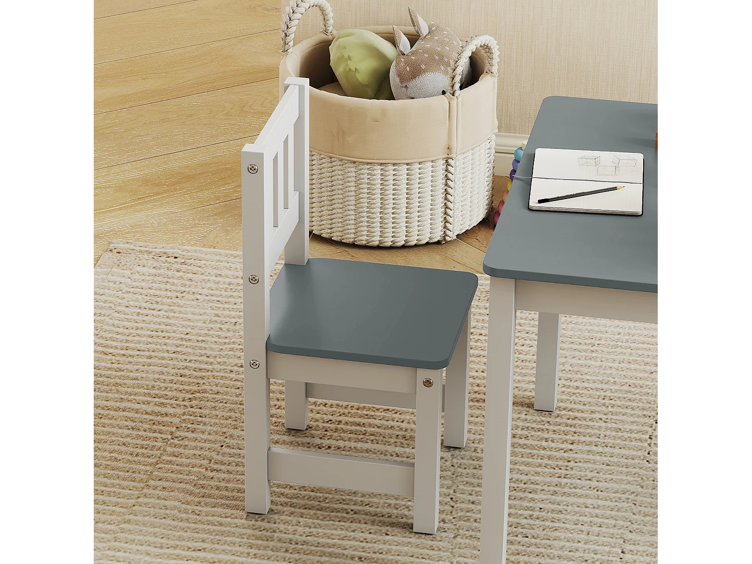 Set tavolo e sedie per bambini 3-8 anni in legno grigio e bianco