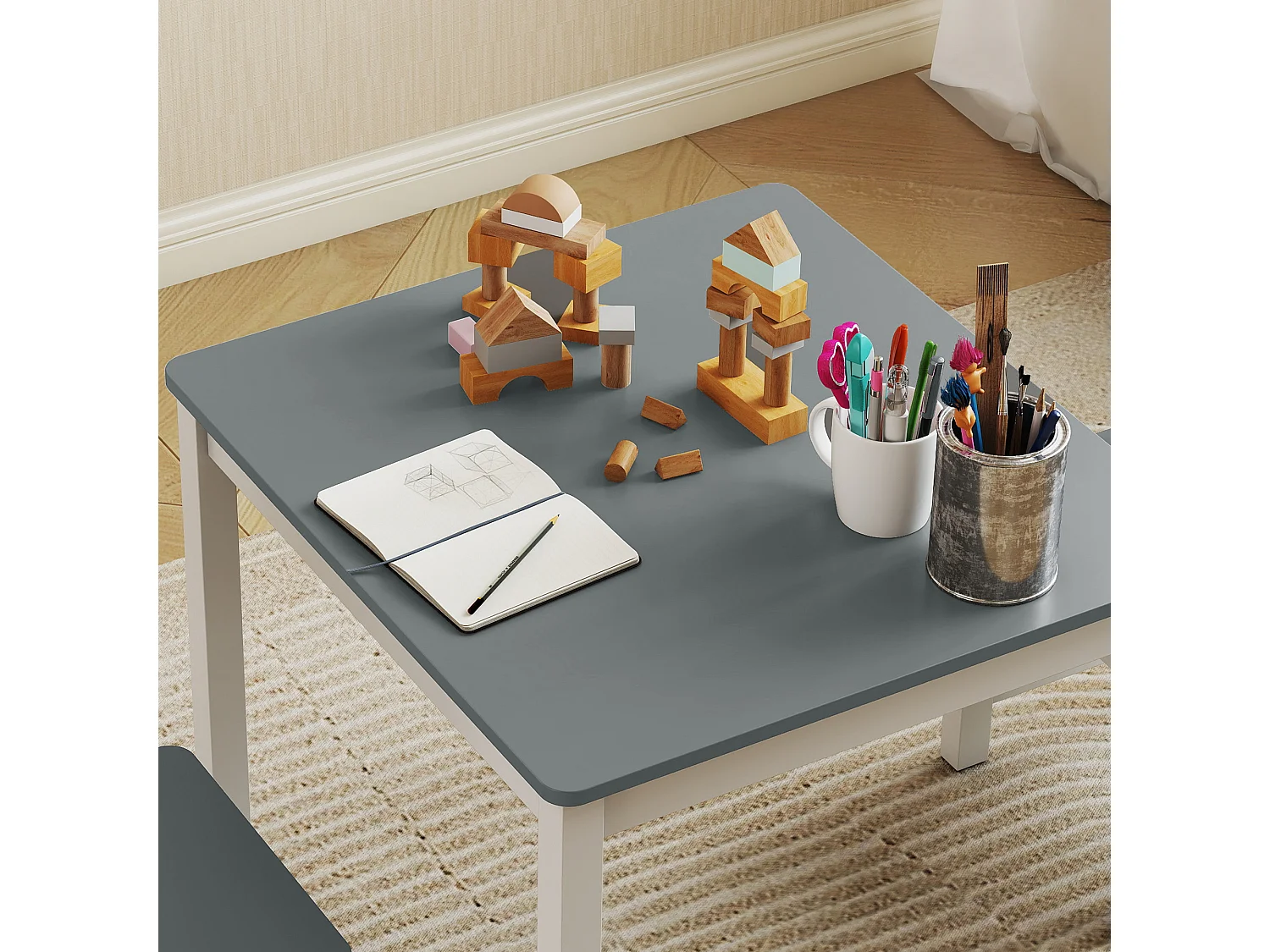 Set tavolo e sedie per bambini 3-8 anni in legno grigio e bianco