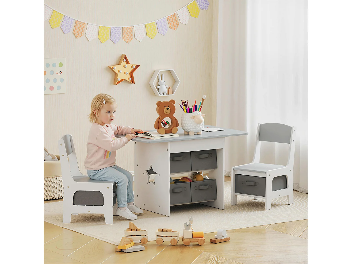 Set tavolo e sedie per bambini 3-8 anni con 6 cassetti grigio e bianco