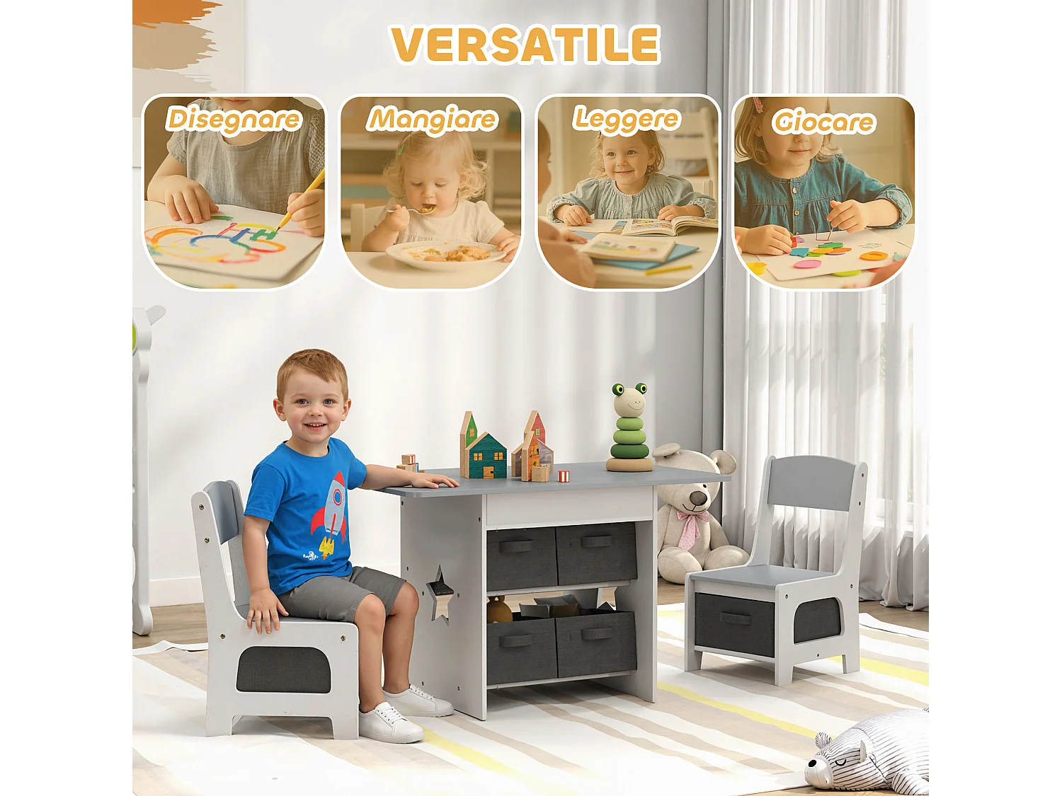 Set tavolo e sedie per bambini 3-8 anni con 6 cassetti grigio e bianco