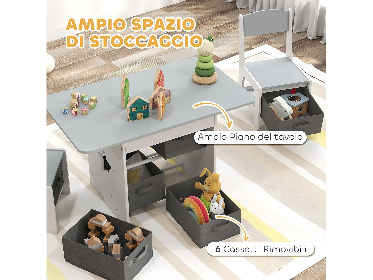 Set tavolo e sedie per bambini 3-8 anni con 6 cassetti grigio e bianco