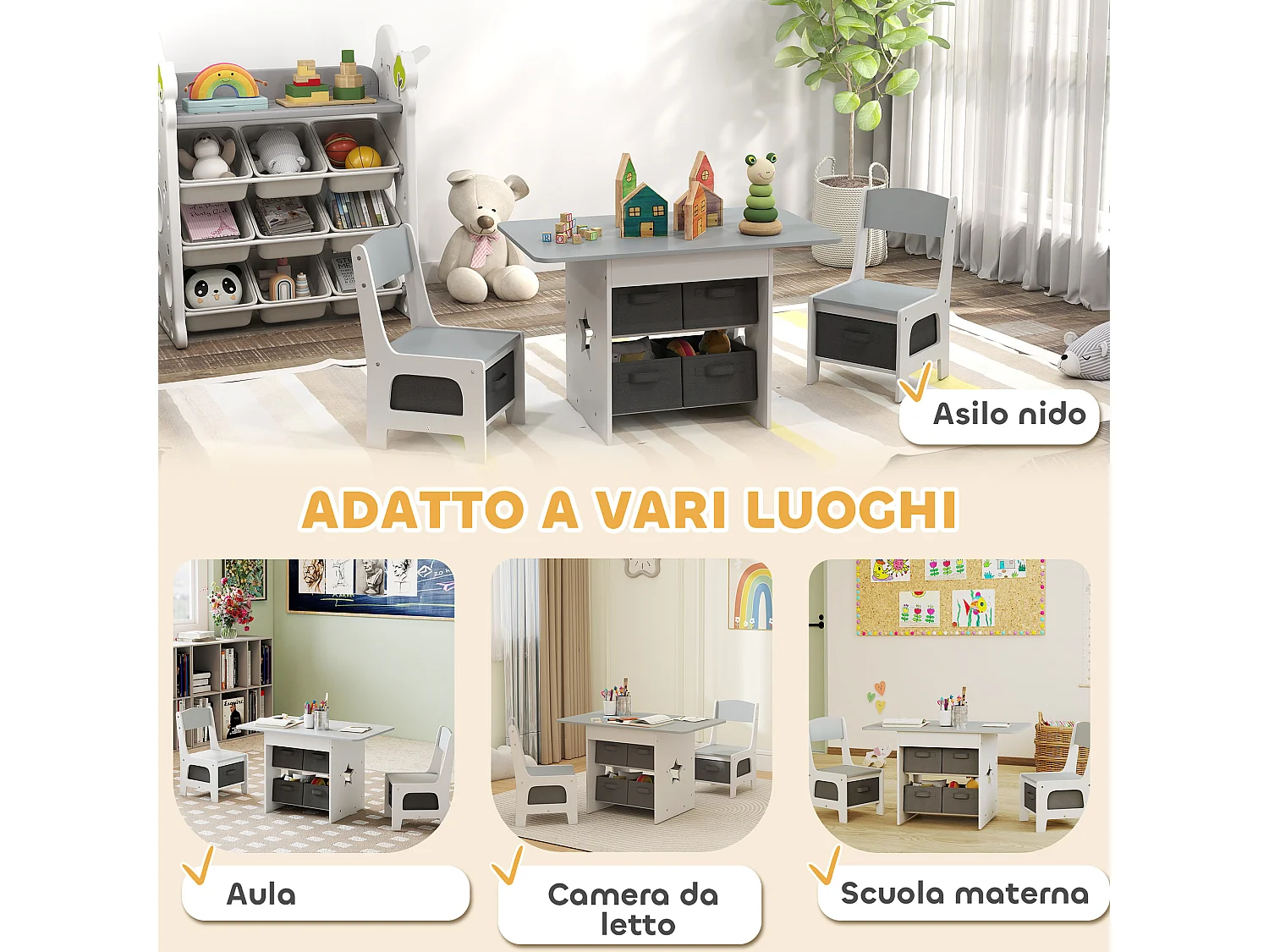 Set tavolo e sedie per bambini 3-8 anni con 6 cassetti grigio e bianco